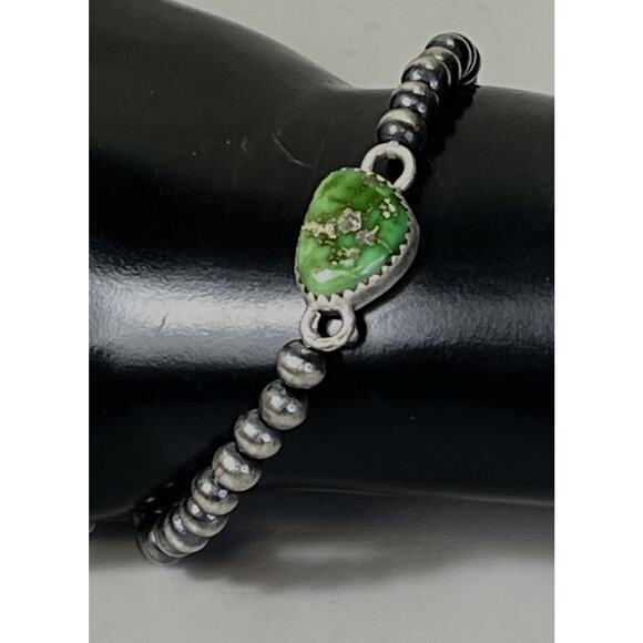 Native American Sterling Silver Pearl & Emerald Valley Turquoise Navajo Bracelet - Picture 6 of 13